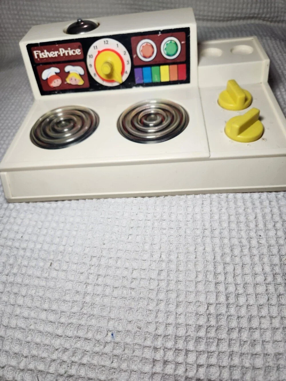 Fisher-Price Vintage Toy Stove in White with Yellow Accents